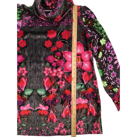 Custo Barcelona Dress sz 4 Velvet Velour Turtleneck Puff Long Sleeve Floral Y2K - Picture 15 of 16